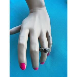 Silver Tone Brown CZ Stone with Marcasite Leaves Ring Size 7.5